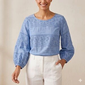 Talbots Light Blue Eyelet Balloon Sleeve Blouse
